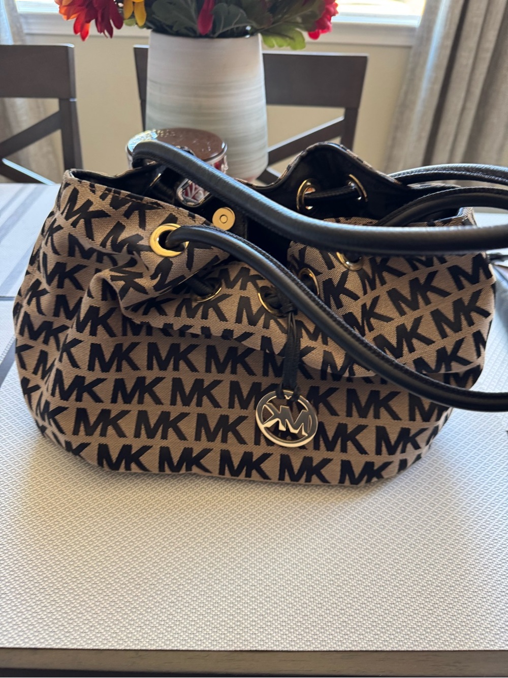 Michael Kors Black and Tan MK Logo Drawstring Shoulder Bag